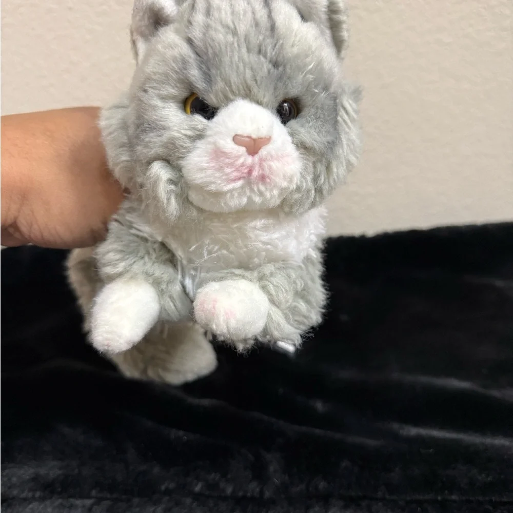 Demdaco Gray and White Plush Cat with Black Bed